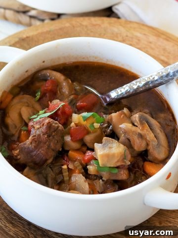 Square image of vegetable beef soup served in a white bowl and garnished with fresh parsley.