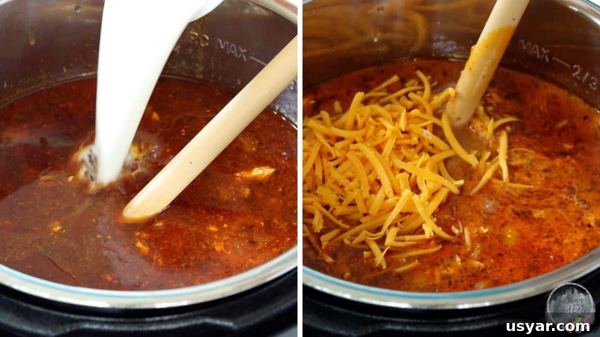 Beef Taco Soup with Ground Beef and Beans 5 Adding cream and cheese to the pot.