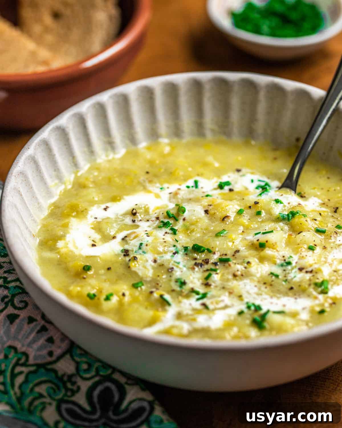 Creamy Vegan Leek and Potato Soup Vichyssoise 2 Photo of a bowl of vegan leek and potato soup (chunky style) with a spoon and garnished with vegan cream swirls and chopped chives.