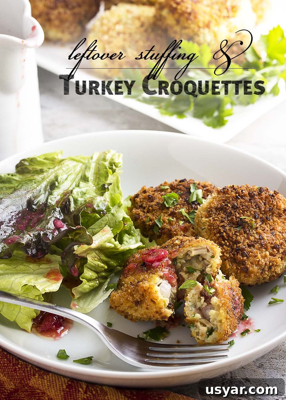 Turkey stuffing croquettes with a cranberry vinaigrette are a great way to transform your Thanksgiving and holiday leftovers into a new meal! | justalittlebitofbacon.com