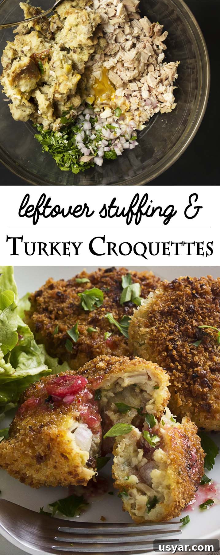 Turkey stuffing croquettes with a cranberry vinaigrette are a great way to transform your Thanksgiving and holiday leftovers into a new meal! | justalittlebitofbacon.com