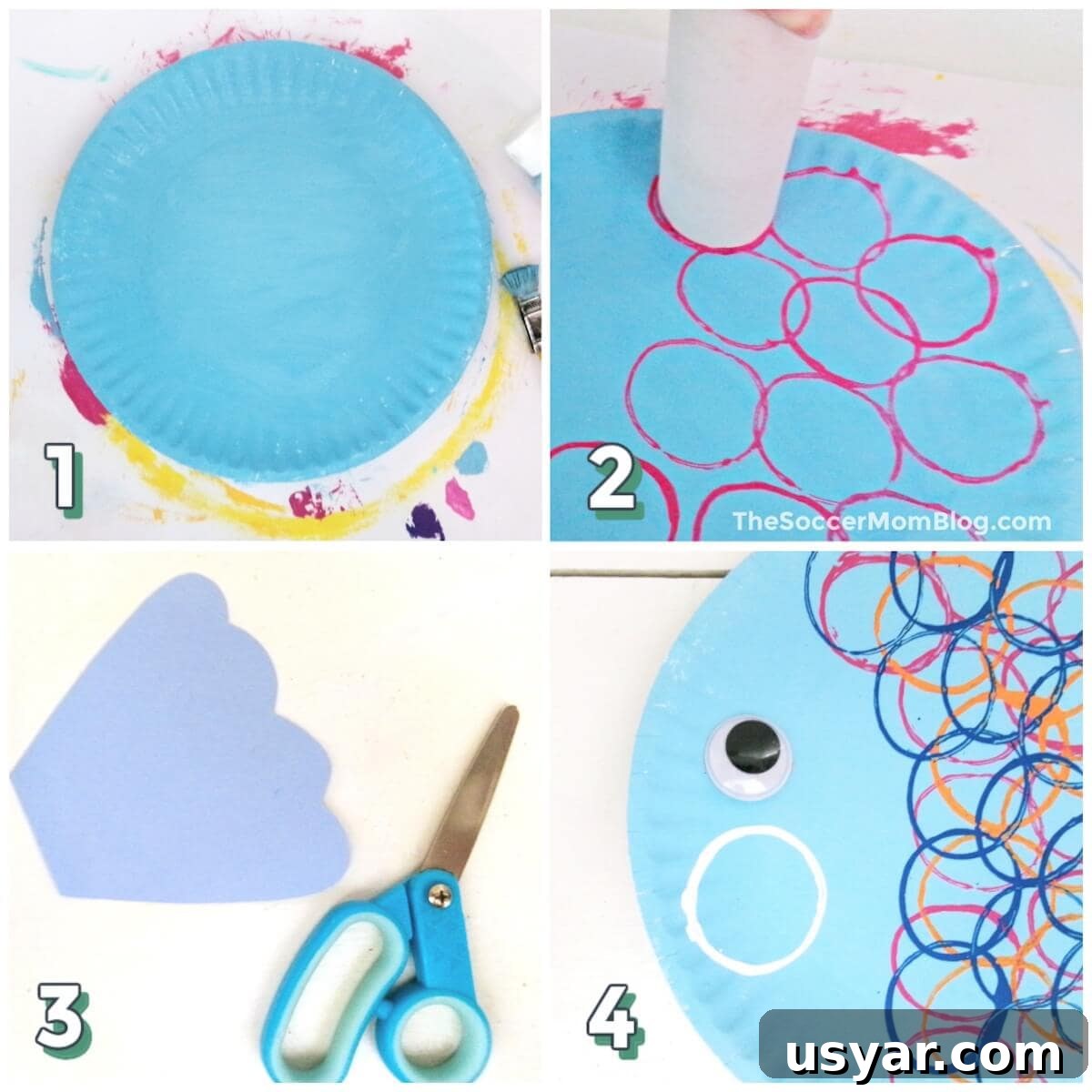 Paper Plate Fish Craft for Kids 4 4 step photo collage showing how to craft a fish with a paper plate and paint.