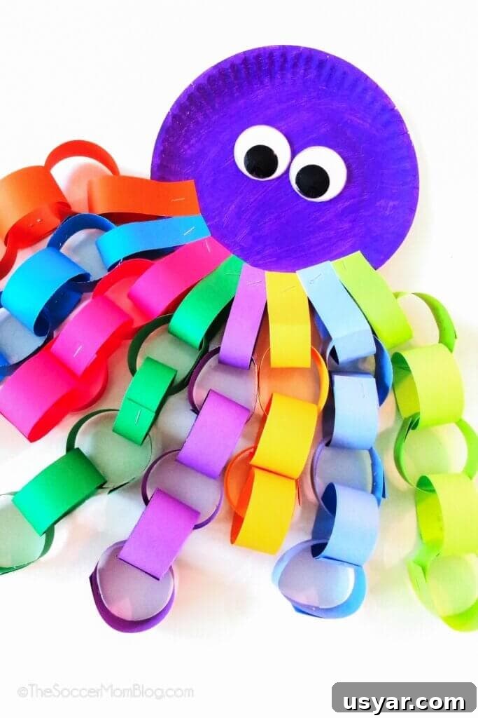 Paper Plate Fish Craft for Kids 8 octopus craft made with paper plate and paper chains.