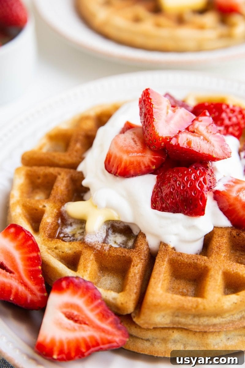 Stack of Belgian waffles on a white plate with whipped cream, butter, and strawberries
