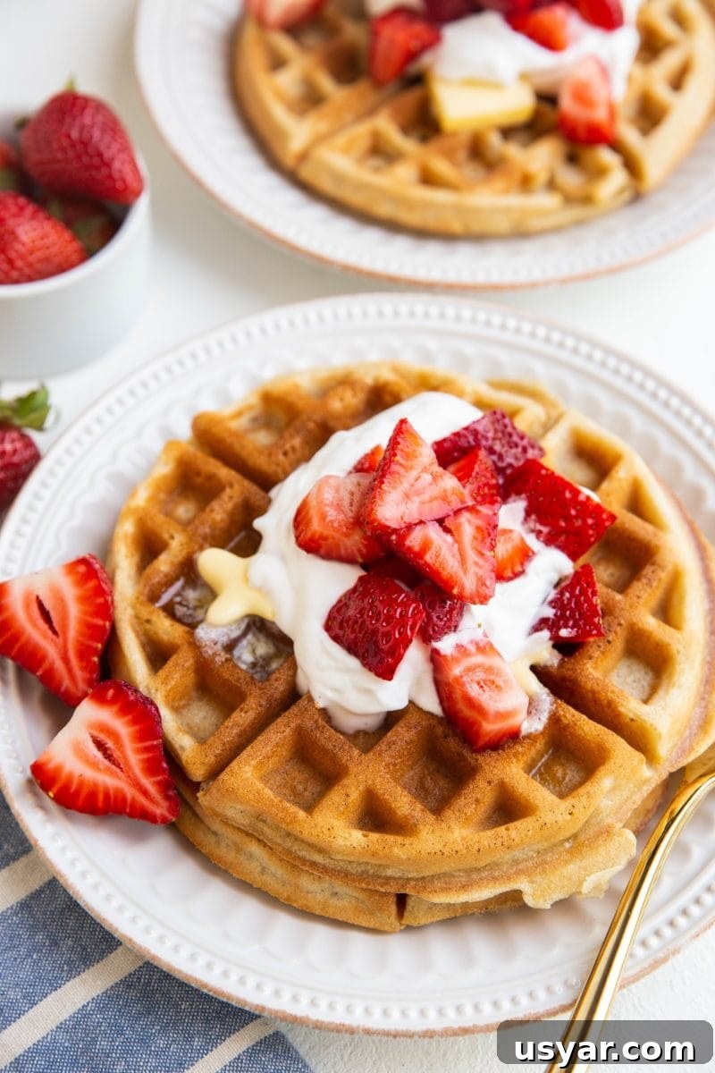Two white plates of Belgian waffles with fresh berries and whipped cream