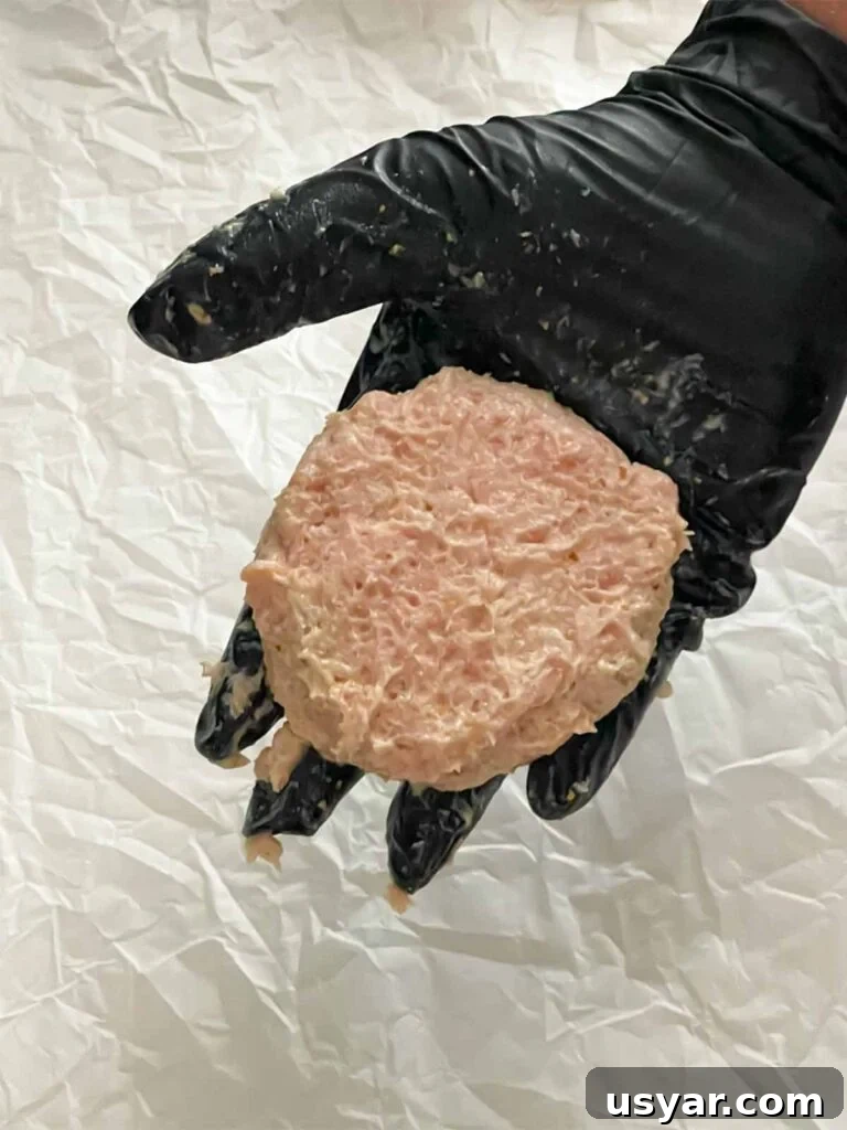 Carolina-Style Grilled Chicken Burger Recipe 15 A raw chicken burger patty in a black gloved hand.