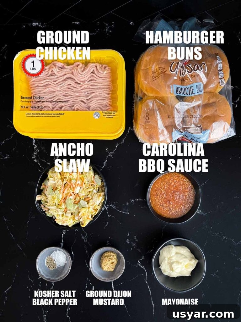 Carolina-Style Grilled Chicken Burger Recipe 5 Ingredients for chicken burgers with Carolina bbq sauce and ancho slaw.