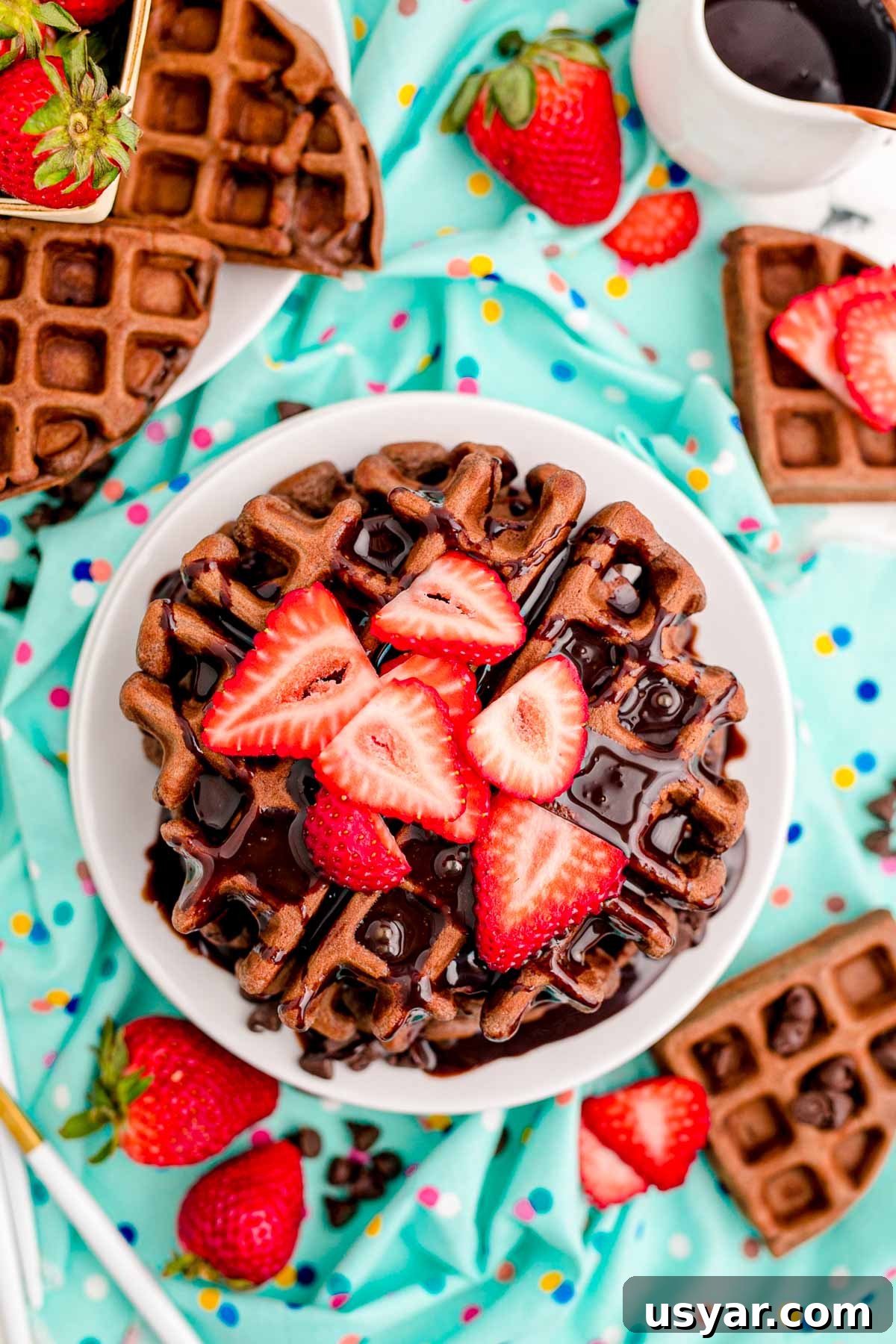 From-Scratch Chocolate Waffles Recipe 3 Overhead photo of a stack of chocolate waffles topped with chocolate syrup and strawberries.