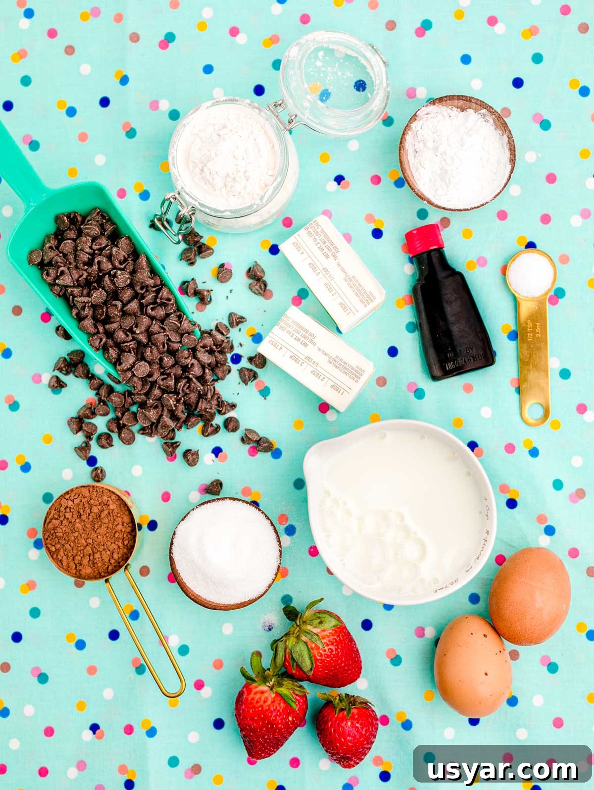 From-Scratch Chocolate Waffles Recipe 4 Overhead photo of ingredients used to make chocolate waffles on a teal surface.