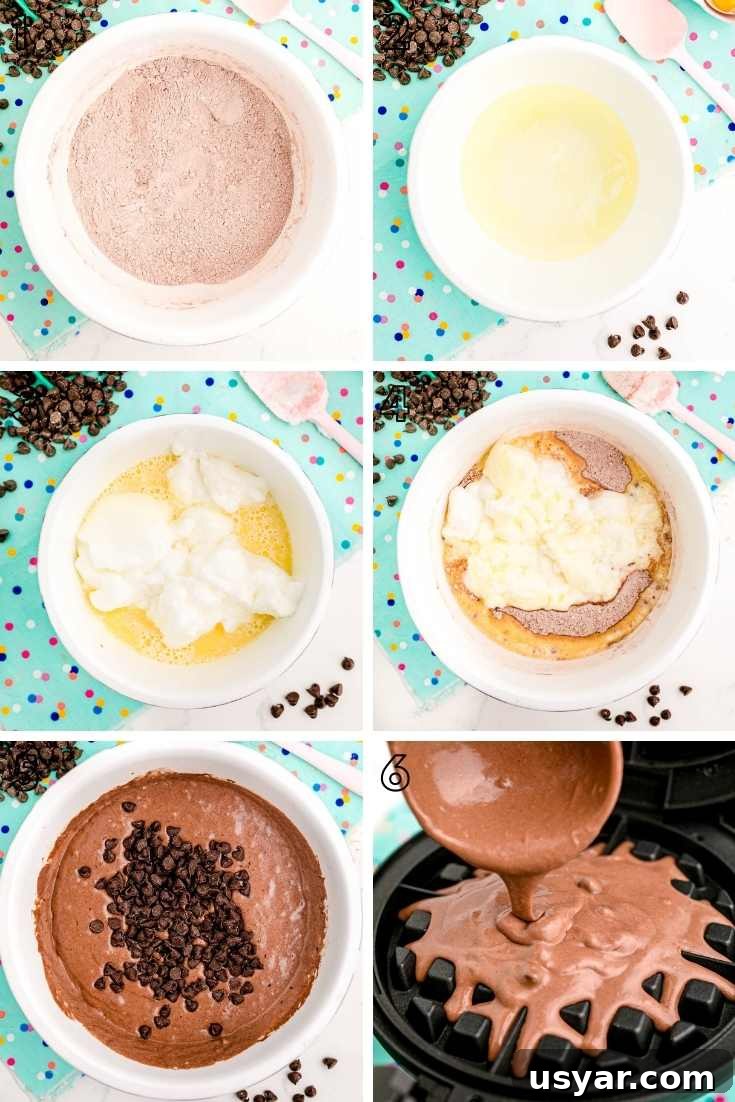 From-Scratch Chocolate Waffles Recipe 5 Step-by-step photo collage showing how to make chocolate waffles.