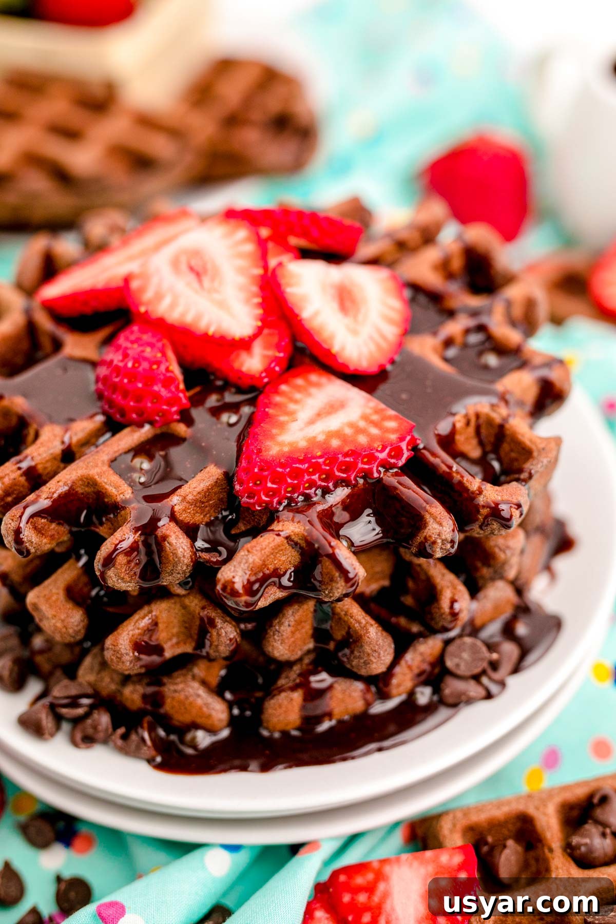 From-Scratch Chocolate Waffles Recipe 6 Close up photo of a stack of chocolate waffles with chocolate syrup and sliced strawberries on top.