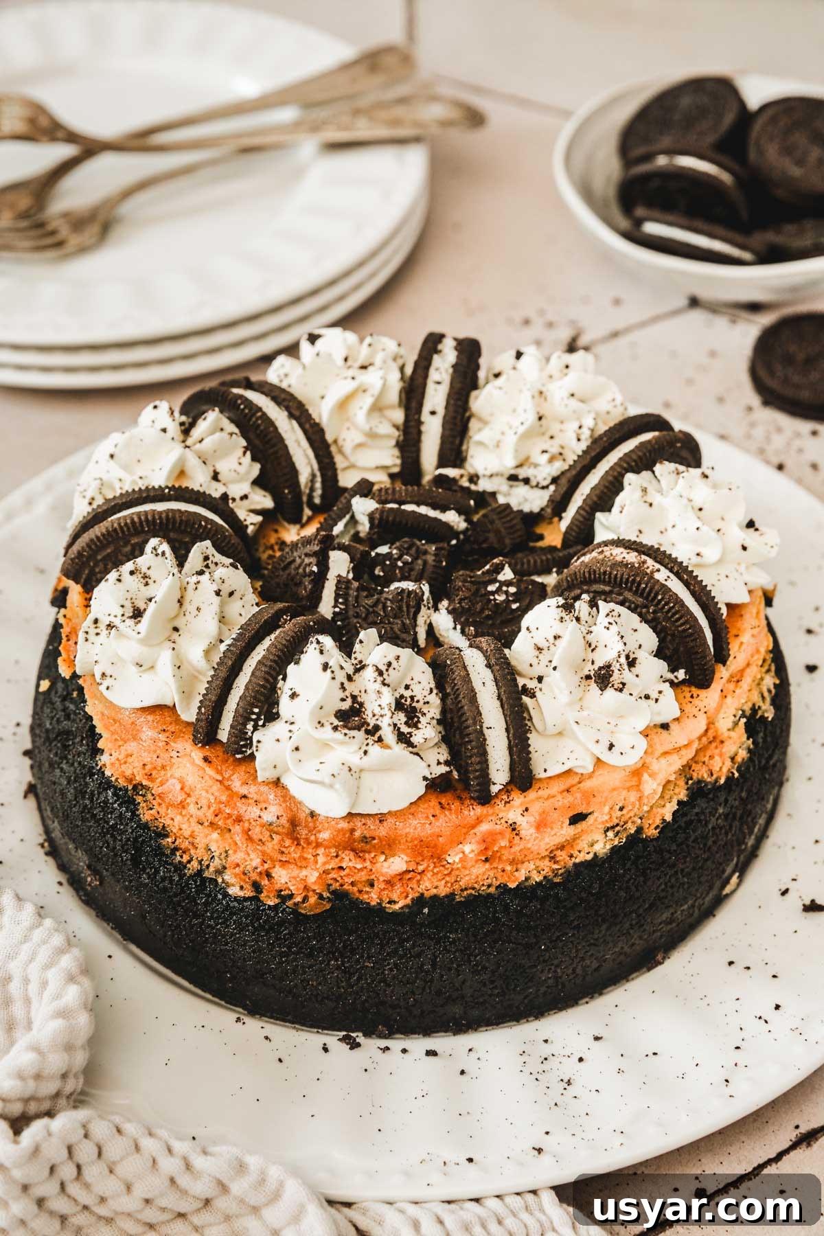 oreo cheesecake on a table with whipped cream topping