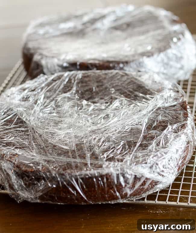 Decadent Homemade Chocolate Cake Recipe with Chocolate Frosting 4 cakes wrapped in plastic wrap for freezing