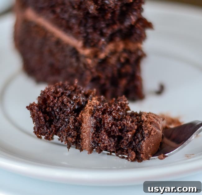Decadent Homemade Chocolate Cake Recipe with Chocolate Frosting 7 bite of chocolate cake on a fork