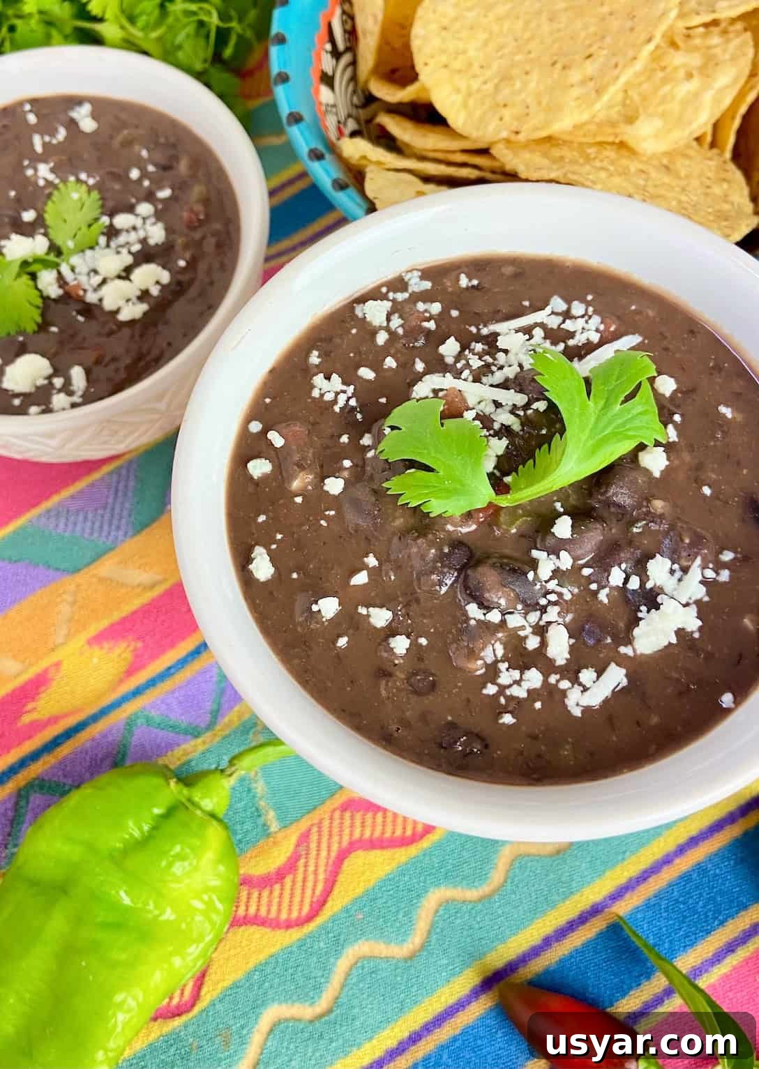 Creamy Mexican black bean soup garnished with white cheese crumbles and cilantro.
