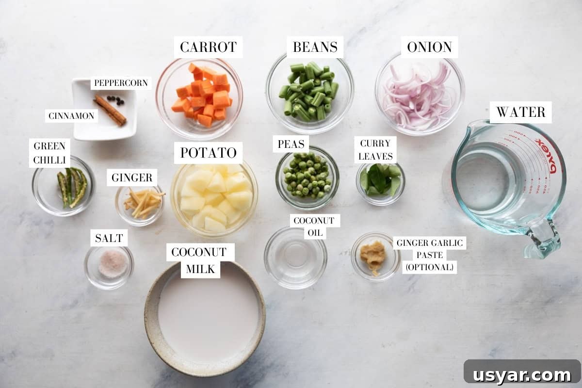 Kerala Vegetable Stew with Coconut Milk 3 Kerala Veg stew ingredients with text overlay