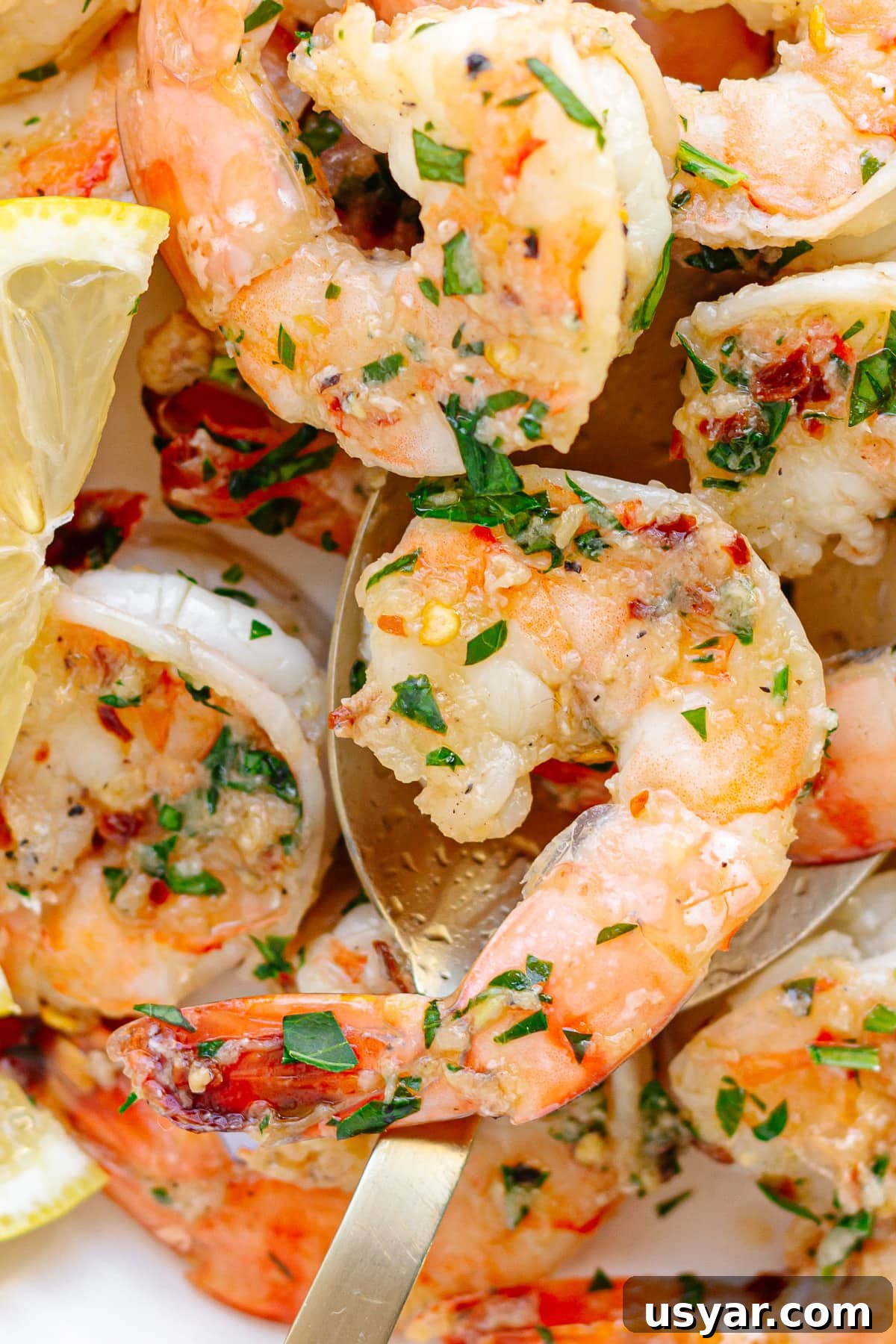 Closeup of garlic ginger pan seared shrimp on a serving spoon.