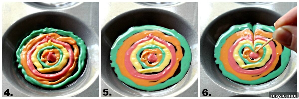 DIY Chocolate Turkey Recipe for Thanksgiving 5 Instructions: alternating colors of melted chocolate circles, flattened chocolate, drag toothpick from edge to center.