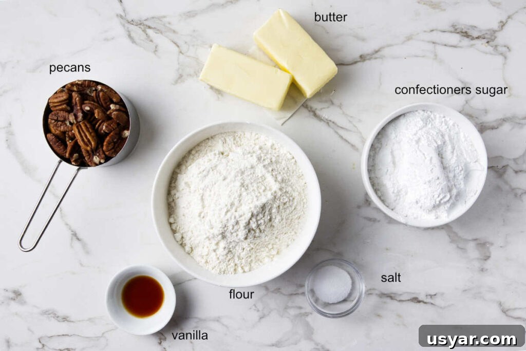 Mexican Snowball Cookies Recipe (Polvorones) 3 Ingredients used to make snowball cookies with pecans.