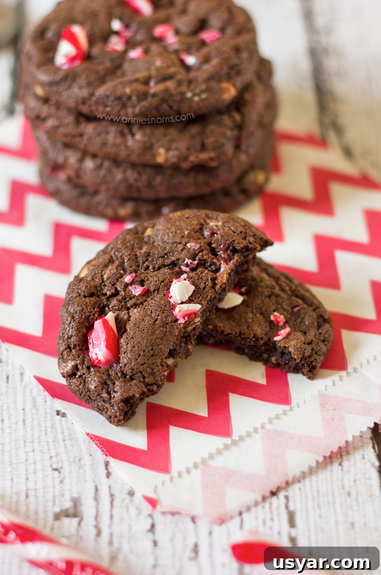 Stack of candy cane fudge cookies for Christmas baking.