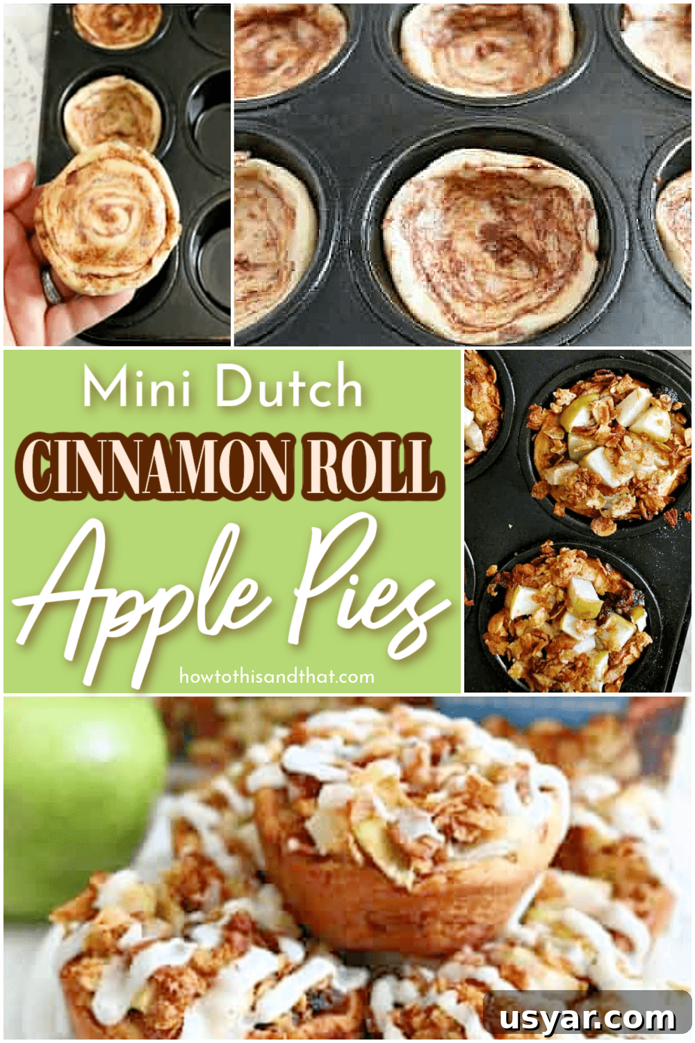cinnamon rolls with apple pie filling in muffin tin. 