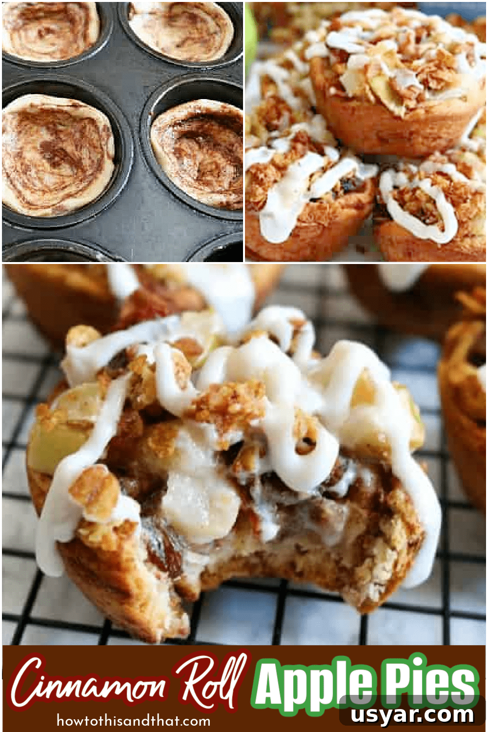 cinnamon roll apple pie cups on wire rack. 