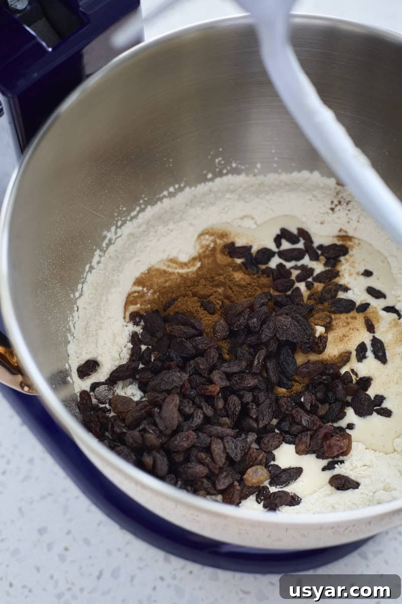 Cinnamon Raisin Sourdough Discard Bagels 5 Raisins, cinnamon and sourdough discard added to the mixing bowl.