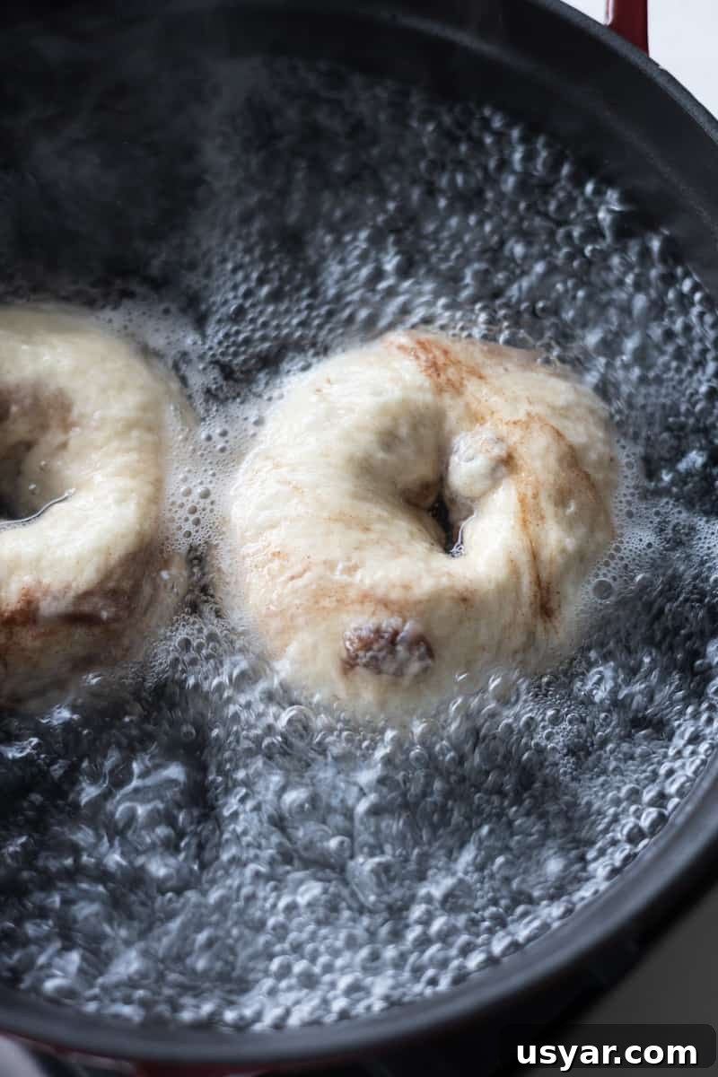 Cinnamon Raisin Sourdough Discard Bagels 10 Sourdough Discard Cinnamon Raisin bagels floating in boiling water.