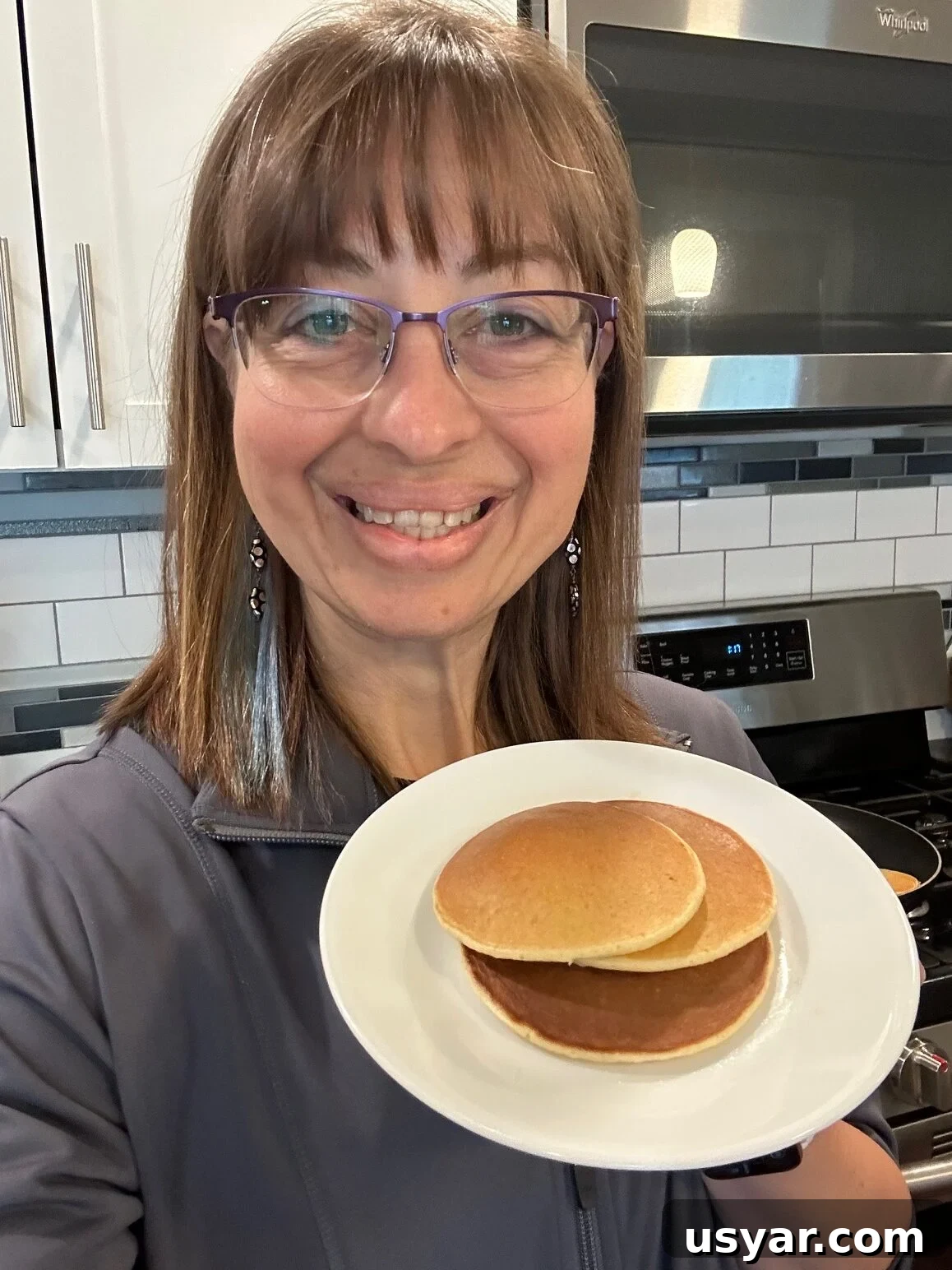 High Protein Cottage Cheese Blender Pancakes 3 Sara with pancakes