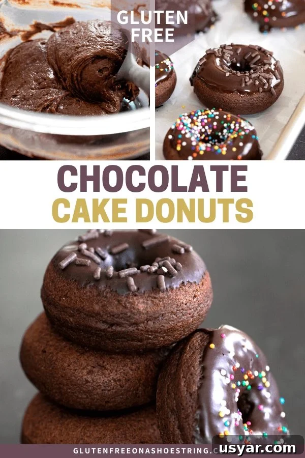Gluten-Free Chocolate Donuts Recipe (Moist and Fudgy) 8 image of 3 chocolate cake donuts: batter, glazed on tray, and in a stack