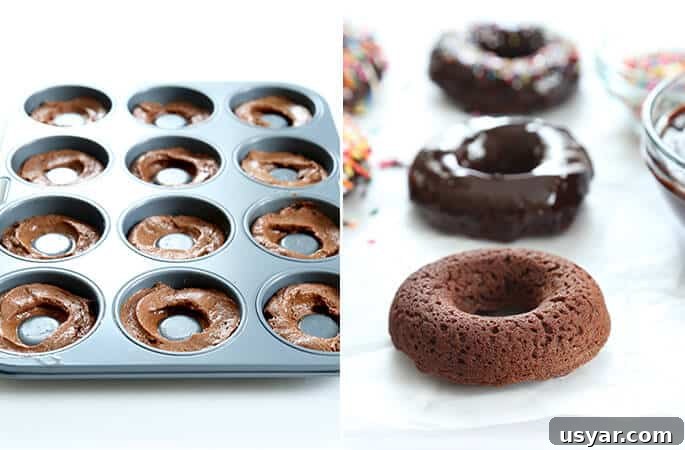Gluten-Free Chocolate Donuts Recipe (Moist and Fudgy) 3 two images, one of cake donut batter in the pan and one of baked donuts