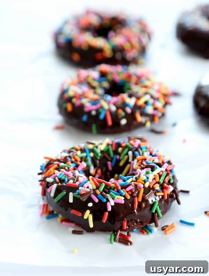 Gluten-Free Chocolate Donuts Recipe (Moist and Fudgy) 6 just glazed and decorated chocolate cake donuts from a donut pan