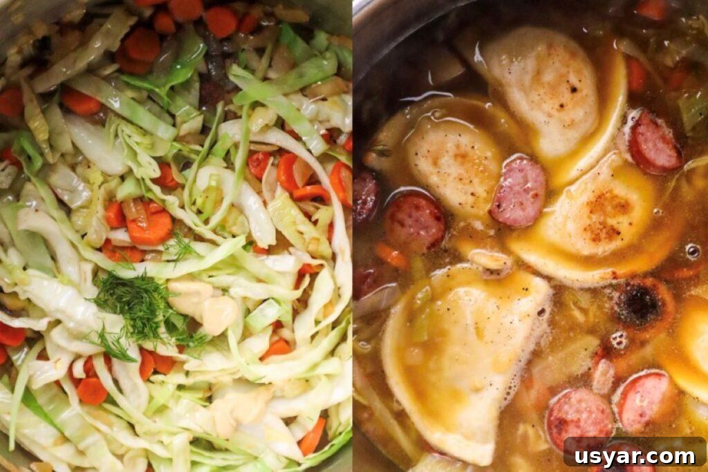 Polish Pierogi, Kielbasa and Cabbage Soup Recipe 2 process shots for pierogi kielbasa cabbage soup