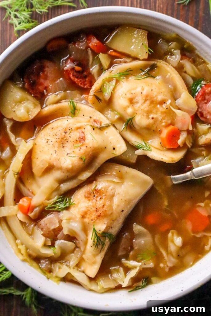 Polish Pierogi, Kielbasa and Cabbage Soup Recipe 5 pierogi soup with cabbage and kielbasa sausage
