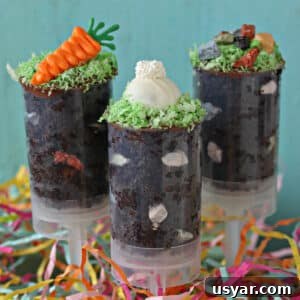 Decorated Fondant Easter Egg Cookies 2 Two push-up pops filled with chocolate cake and topped with bunny ears and a chocolate carrot.