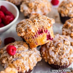 Zesty Lemon Raspberry Streusel Muffins 12 raspberry muffin with streusel on top of two more muffins.