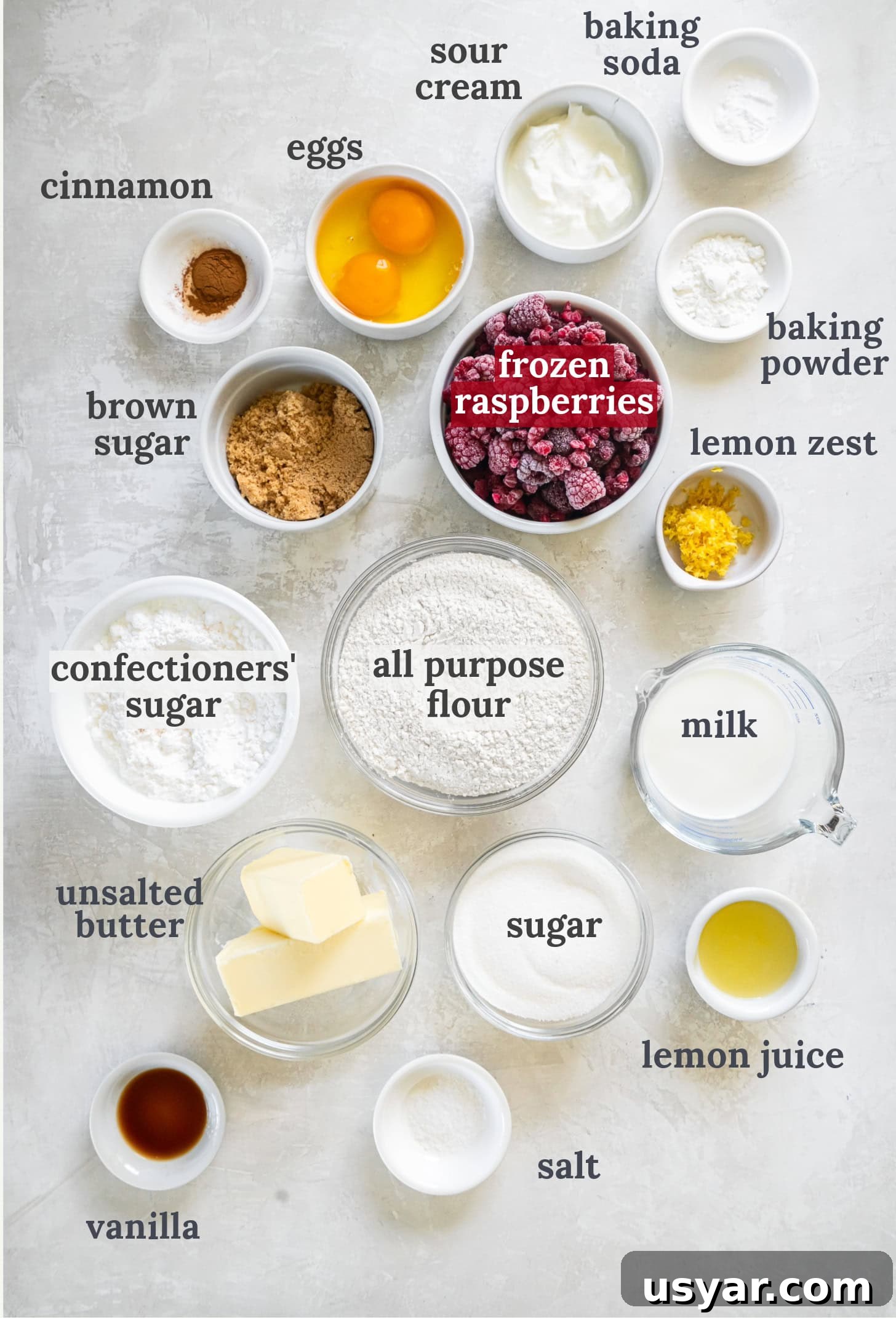 Zesty Lemon Raspberry Streusel Muffins 3 bowls of ingredients to make lemon raspberry muffins.