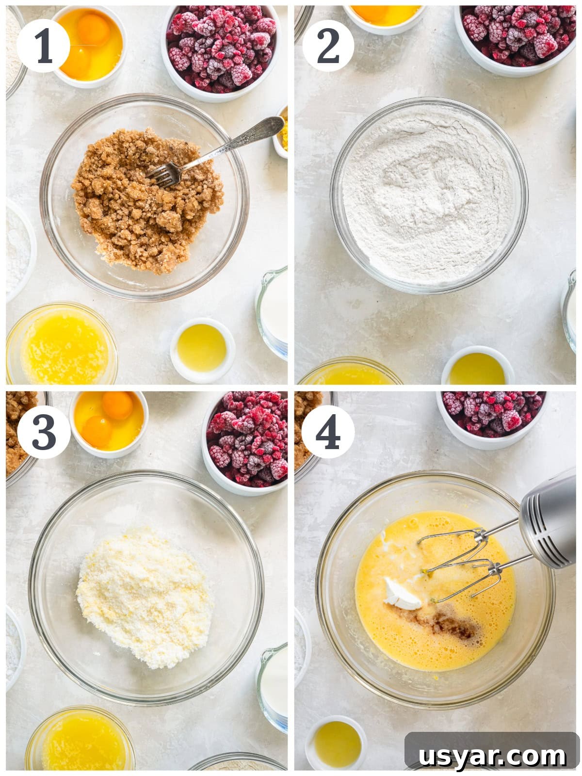 Zesty Lemon Raspberry Streusel Muffins 4 photo collage demonstrating how to make raspberry muffin batter in a mixing bowl.