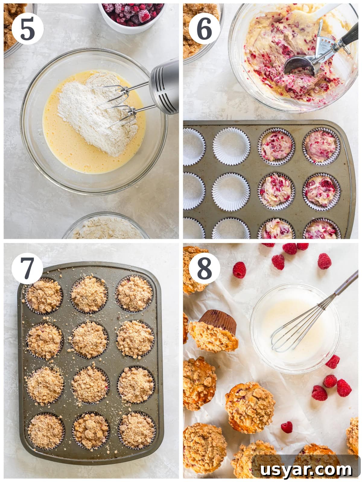 Zesty Lemon Raspberry Streusel Muffins 5 photo collage demonstrating how to make lemon raspberry muffins with streusel in a mixing bowl and muffin tin.