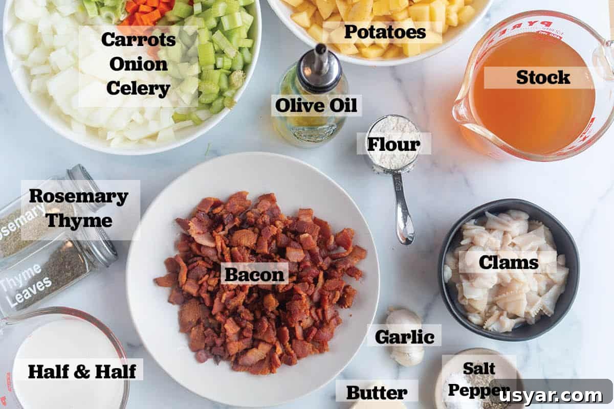 Creamy Razor Clam Chowder Recipe 4 Ingredients for clam chowder all laid out in bowls and measuring cups. Bacon, olive oil, onion, celery, carrots, potatoes, butter, flour, spices, salt, pepper, half and half, vegetable stock and clams.