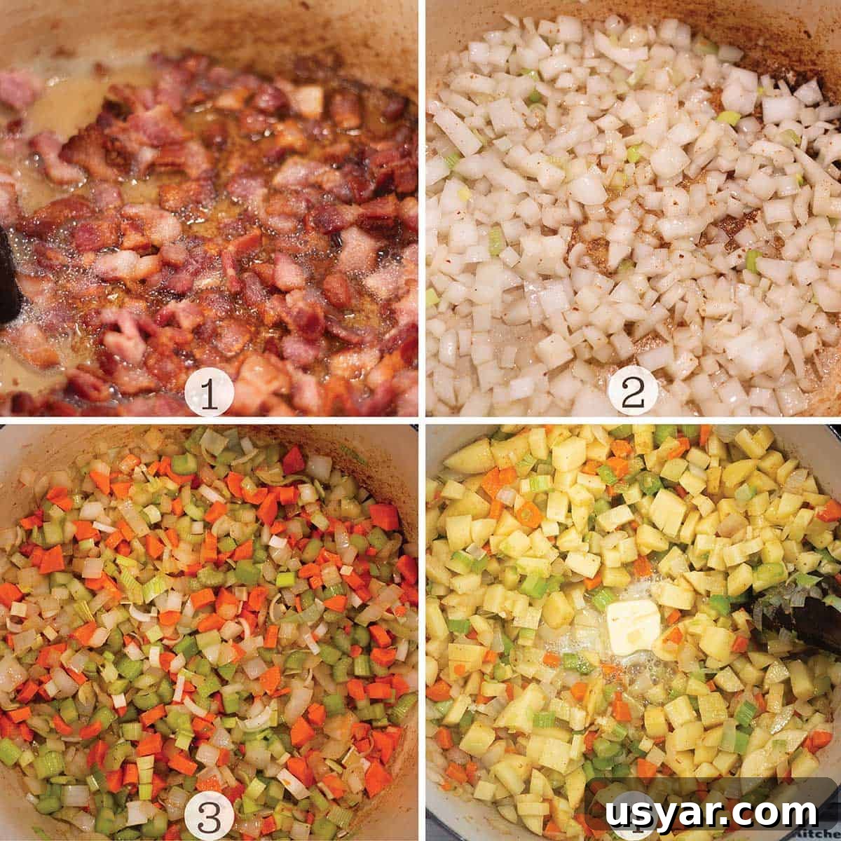 Creamy Razor Clam Chowder Recipe 5 FOur images of soup being made. Bacon simmering, veggies and potatoes sautéing.