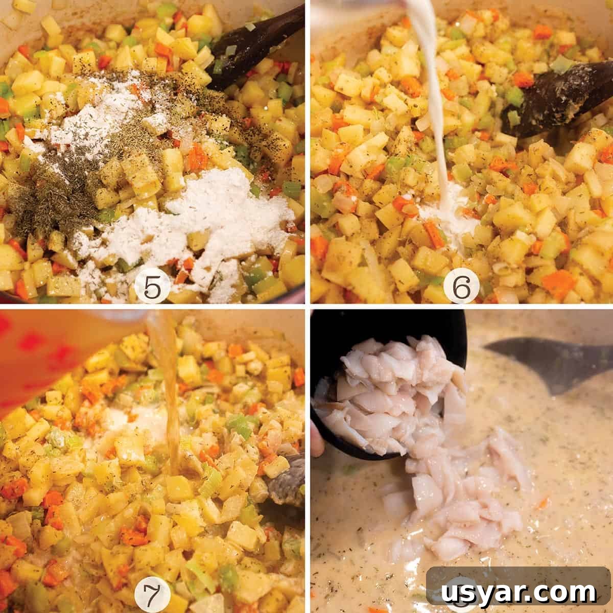 Creamy Razor Clam Chowder Recipe 6 Clam chowder being made with flour, spices, cream, stock and diced clams.
