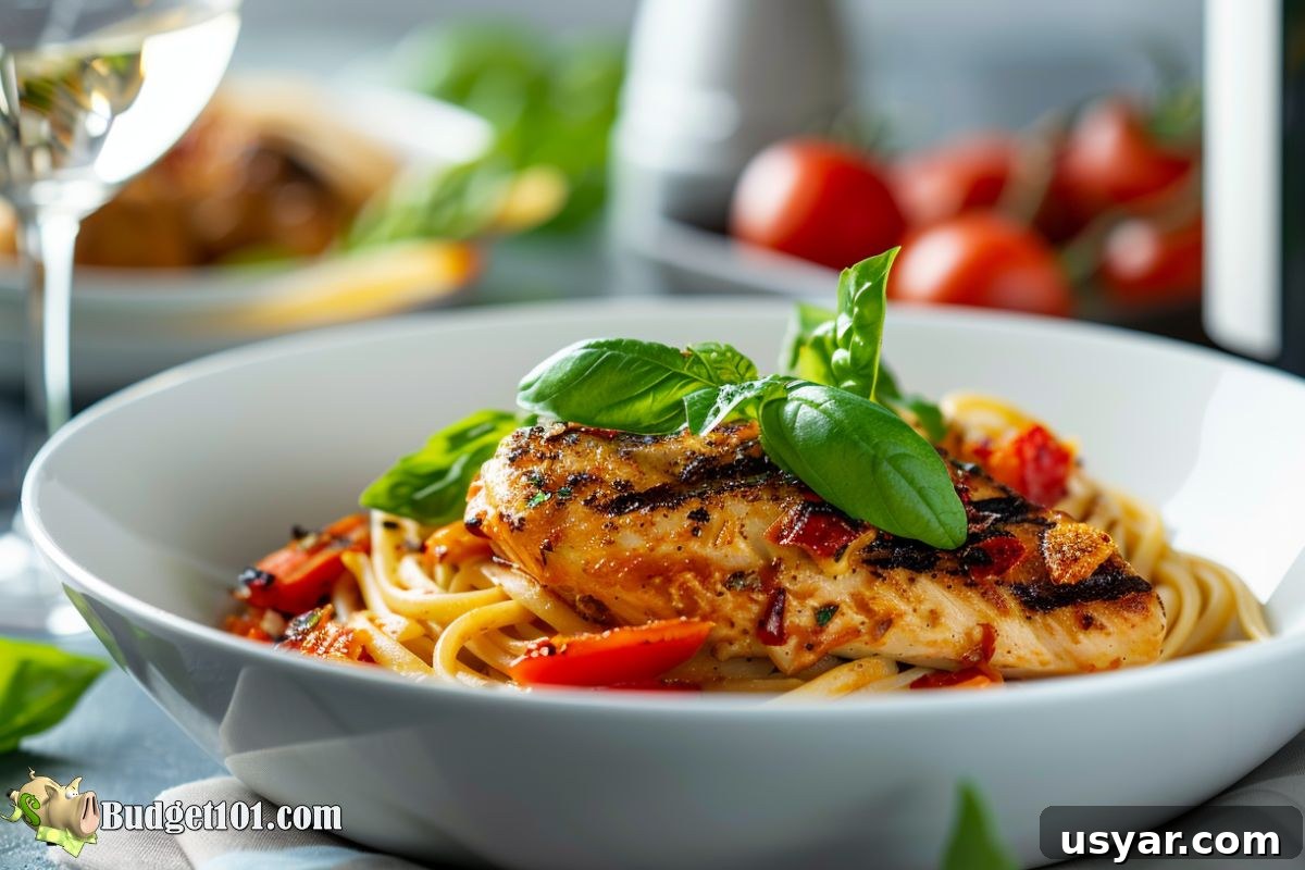 Creamy Garlic Parmesan Chicken Pasta (Easy One-Pan Dinner) Grilled chicken breast served over pasta with creamy garlic parmesan sauce and fresh basil garnish