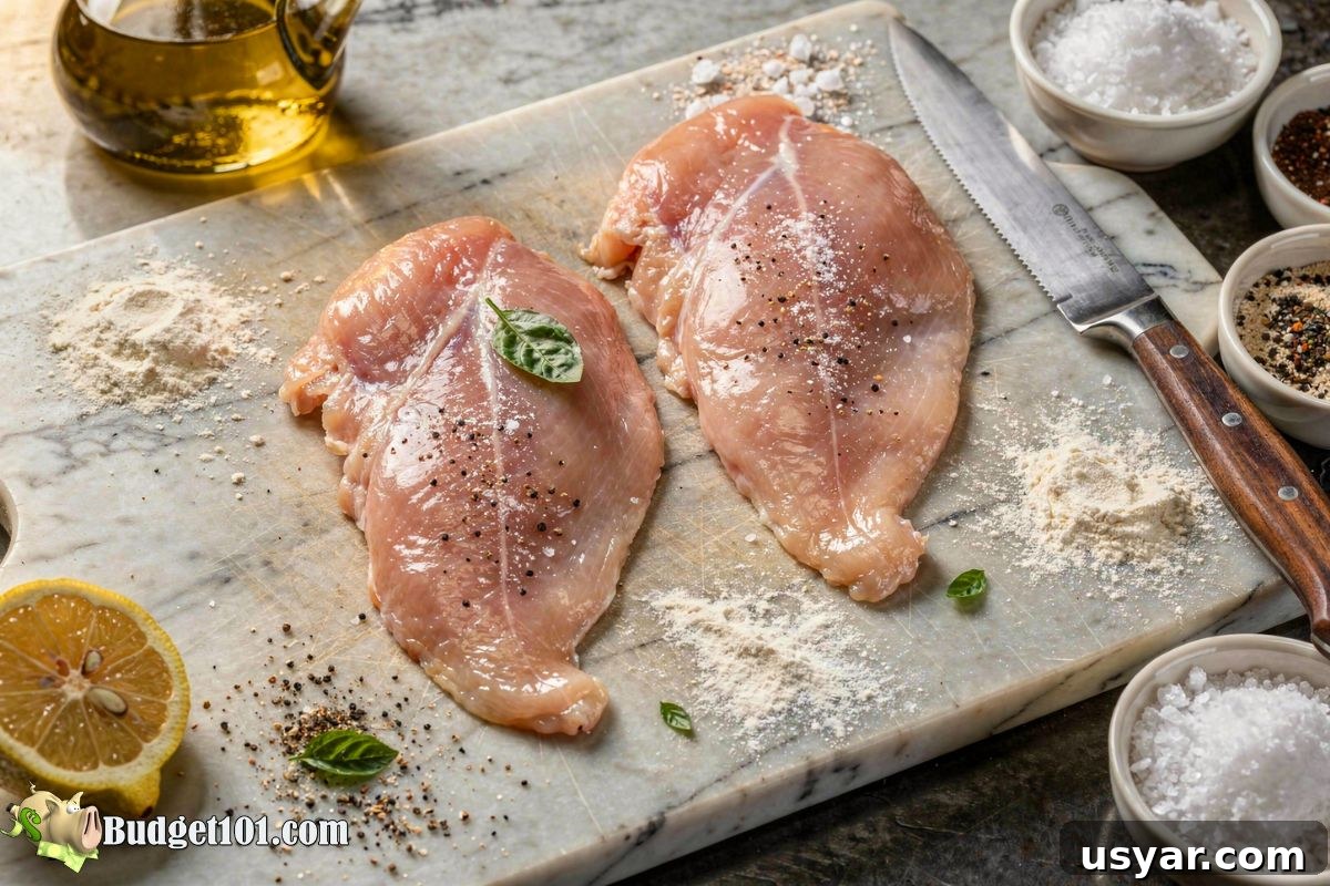How to Prep Chicken for Creamy Garlic Chicken seasoned raw chicken breasts prep cutting board
