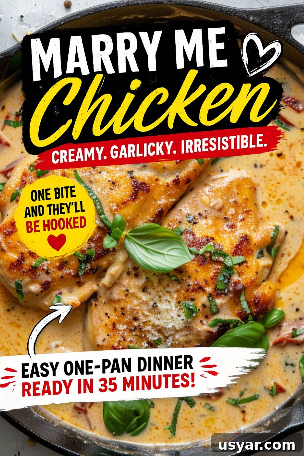 Marry Me Chicken Recipe (Creamy One-Pan Dinner) Creamy marry me chicken in skillet with sun-dried tomatoes and parmesan sauce
