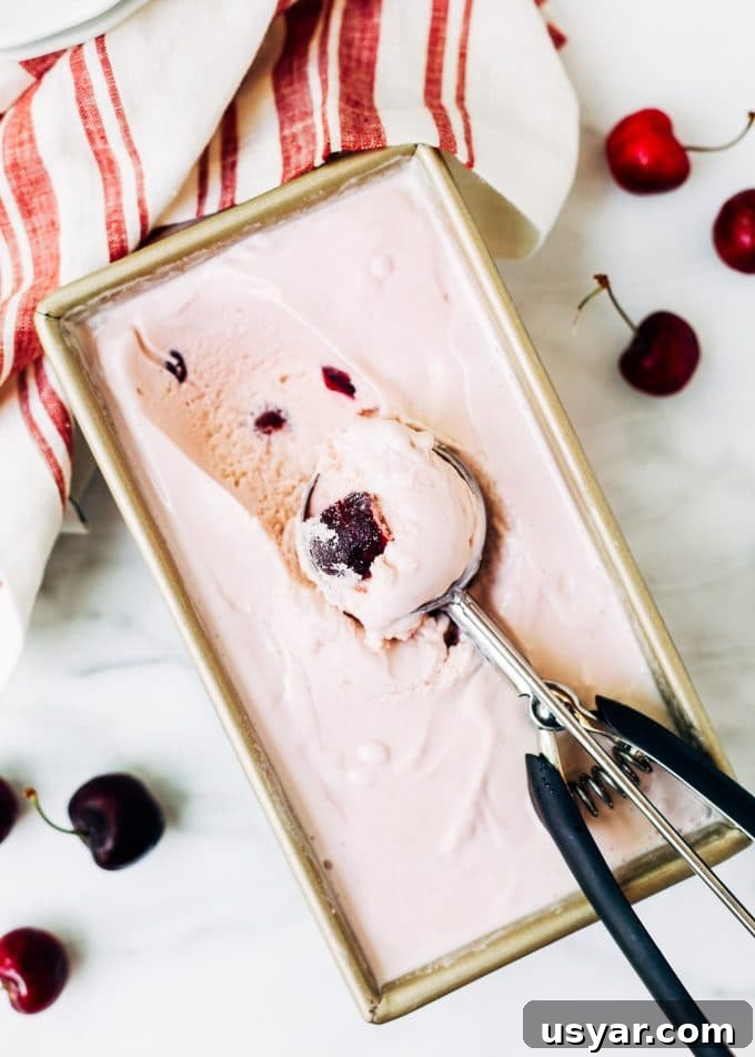 Bing cherry ice cream in a loaf pan after freezing