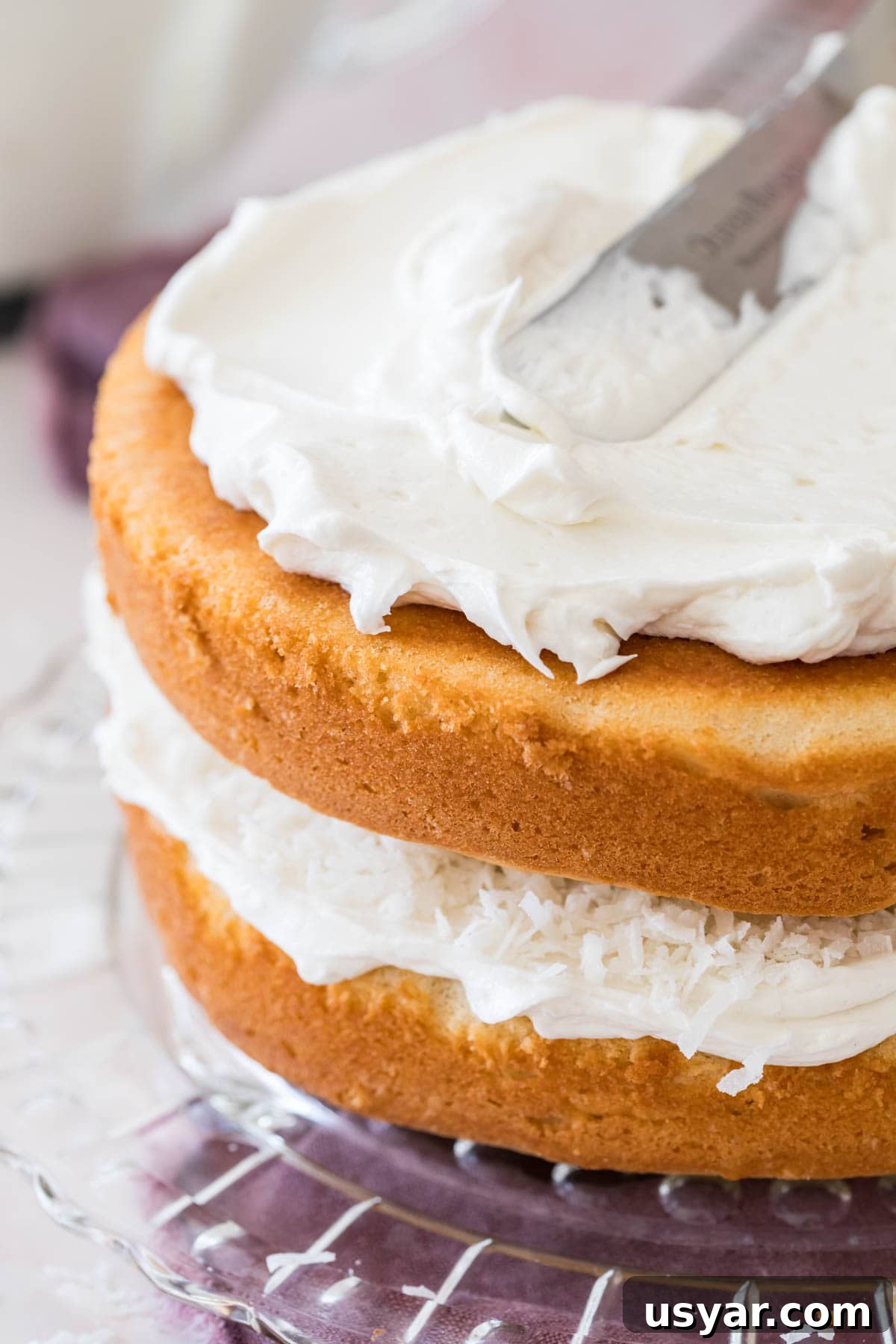 Classic Coconut Cake Recipe with Coconut Cream Frosting 6 Covering two layers of thick vanilla cake with white frosting