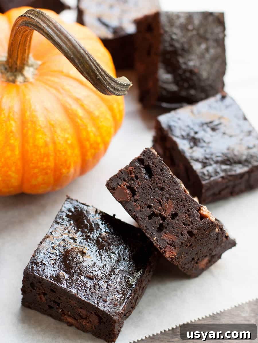 One Bowl Fudgy Pumpkin Brownies uses pumpkin puree and a hit of pumpkin spice. The texture is reminiscent of flourless chocolate cake mashed up with a pumpkin pie. So good!