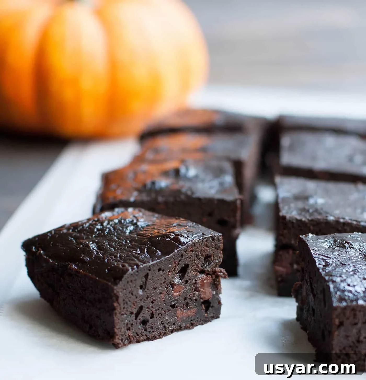 One Bowl Fudgy Pumpkin Brownies uses pumpkin puree and a hit of pumpkin spice. The texture is reminiscent of flourless chocolate cake mashed up with a pumpkin pie. So good!