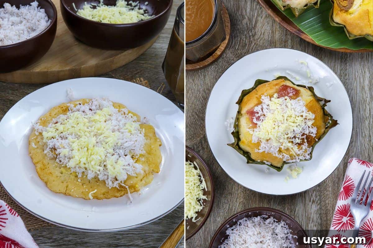 bibingka pancake and bibingka on white plates with shredded cheese and grated coconut topping.